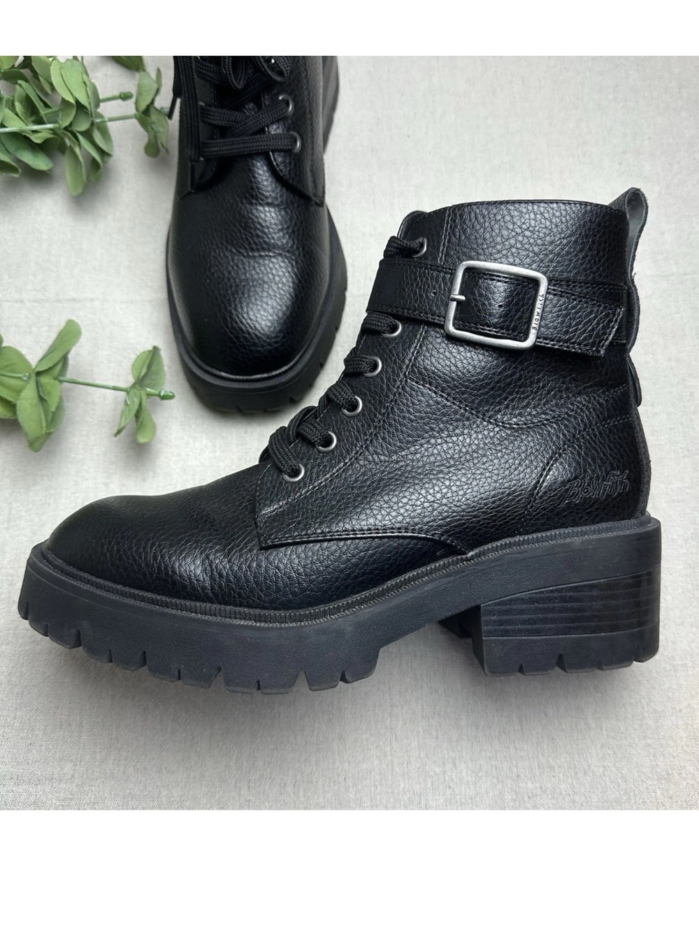 Blowfish Jagger Combat Boot Black Faux Leather Chunky Lug Sole